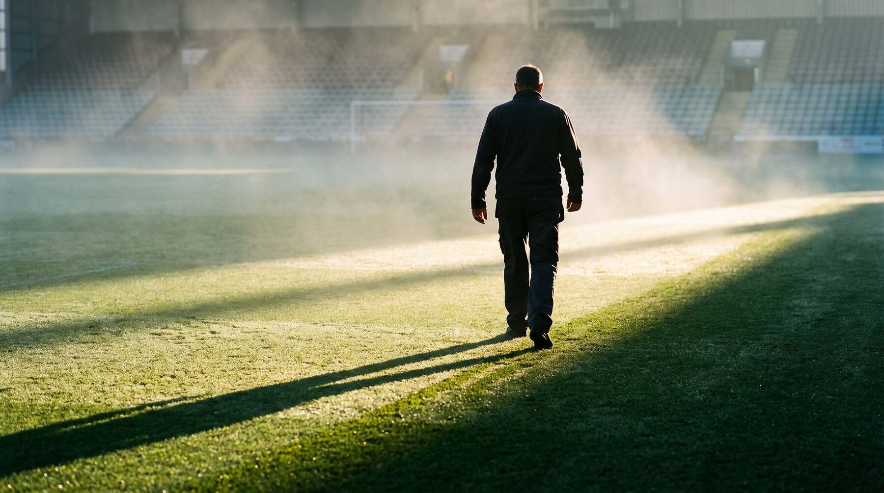 Ein Greenkeeper geht am frühen Morgen allein über den Rasen eines leeren Stadions